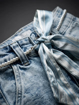 Girls Light Blue Wide Leg Belted Casual Pants.