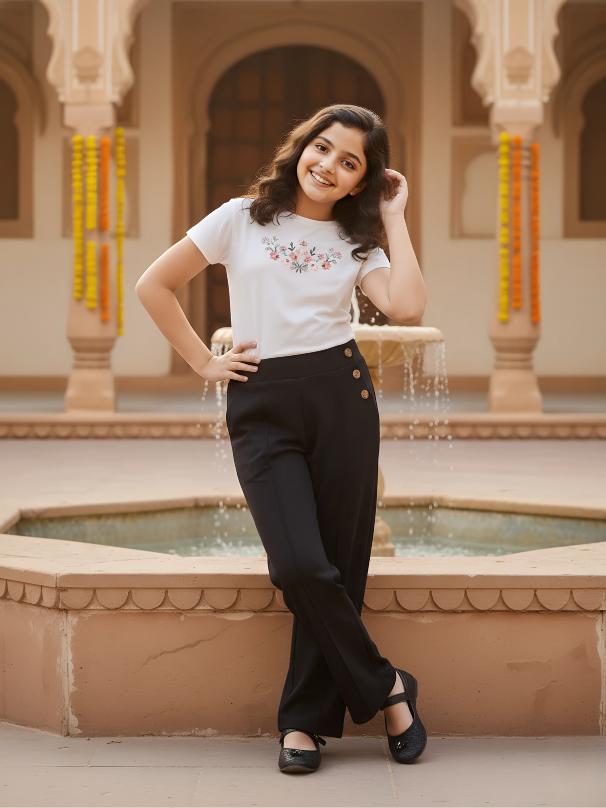 Girls' Black Wide-Leg Button-Accent Trousers