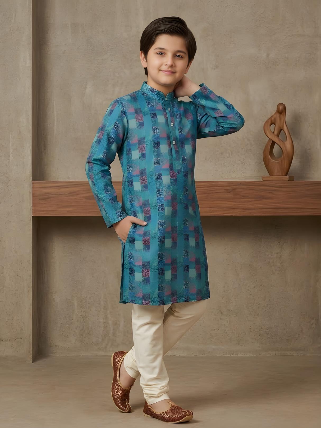 Boys' Green & Blue Festive Geometric Print Kurta with Cream Pyjama Set.