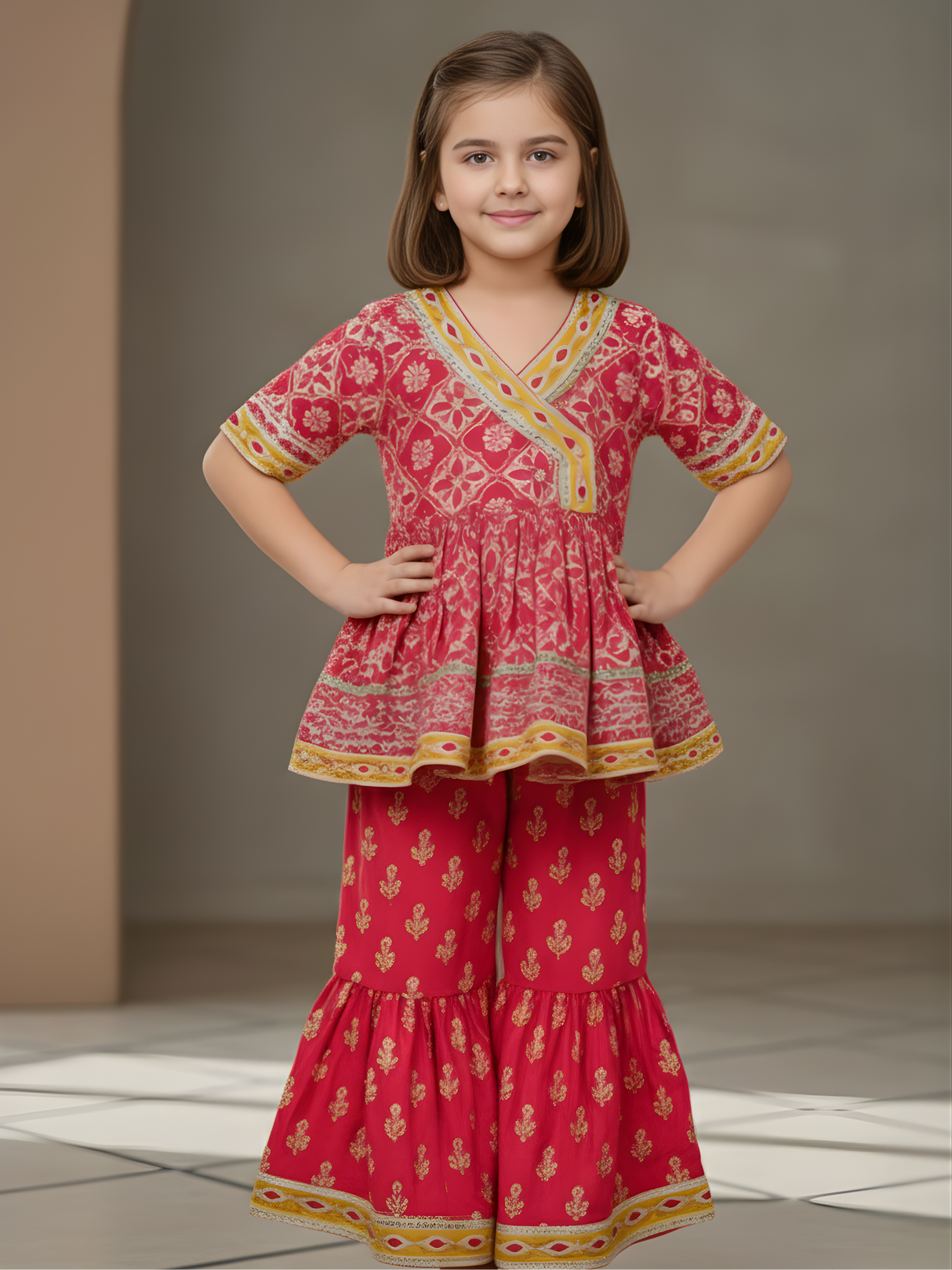Girls' Festive Fuchsia Pink Print Angrakha Kurti and Tiered Sharara Set