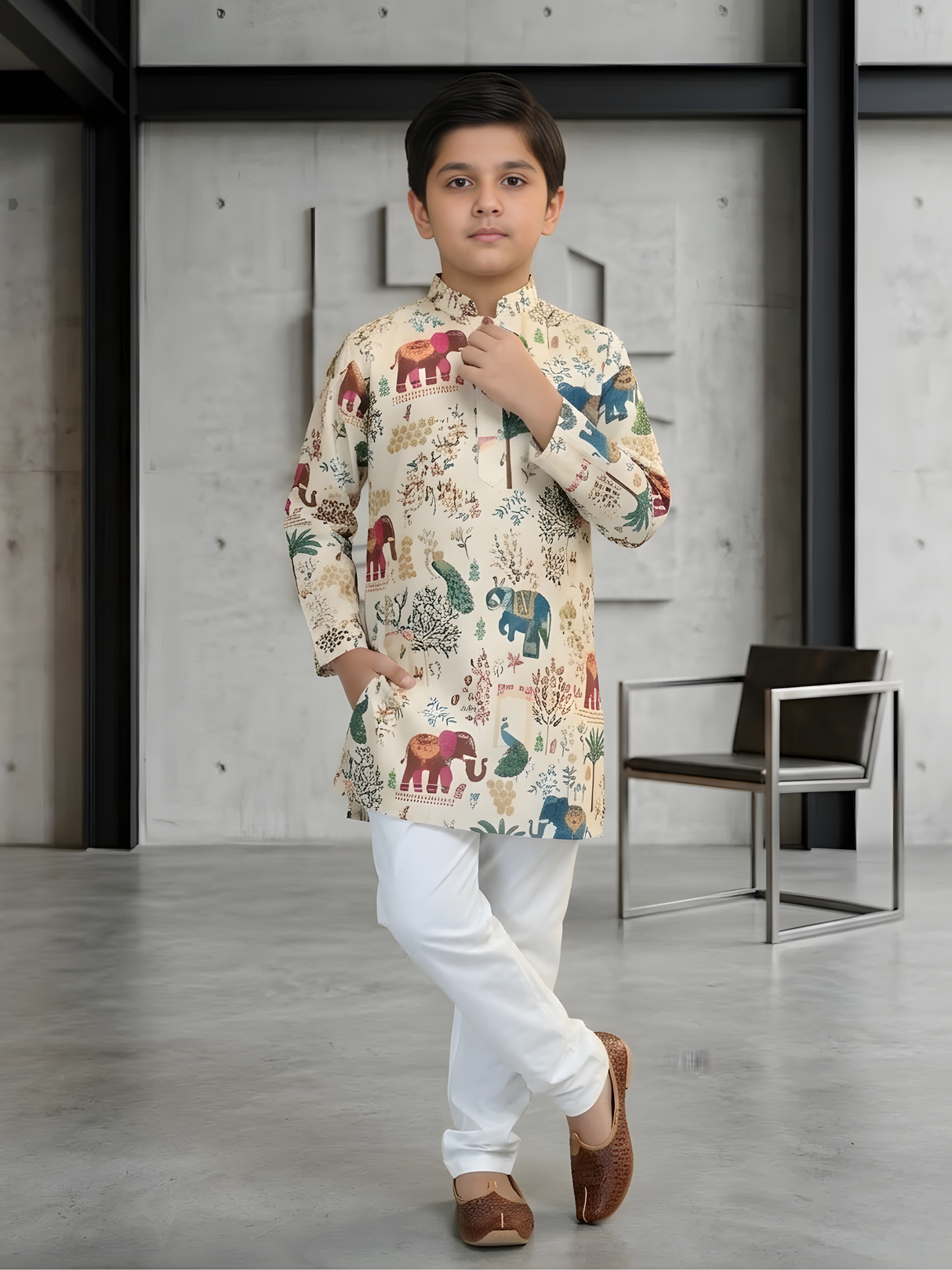 The Royal Garden Print Kurta & Pajama Set (Cream Multi).