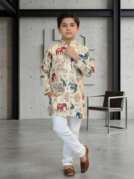 The Royal Garden Print Kurta & Pajama Set (Cream Multi).