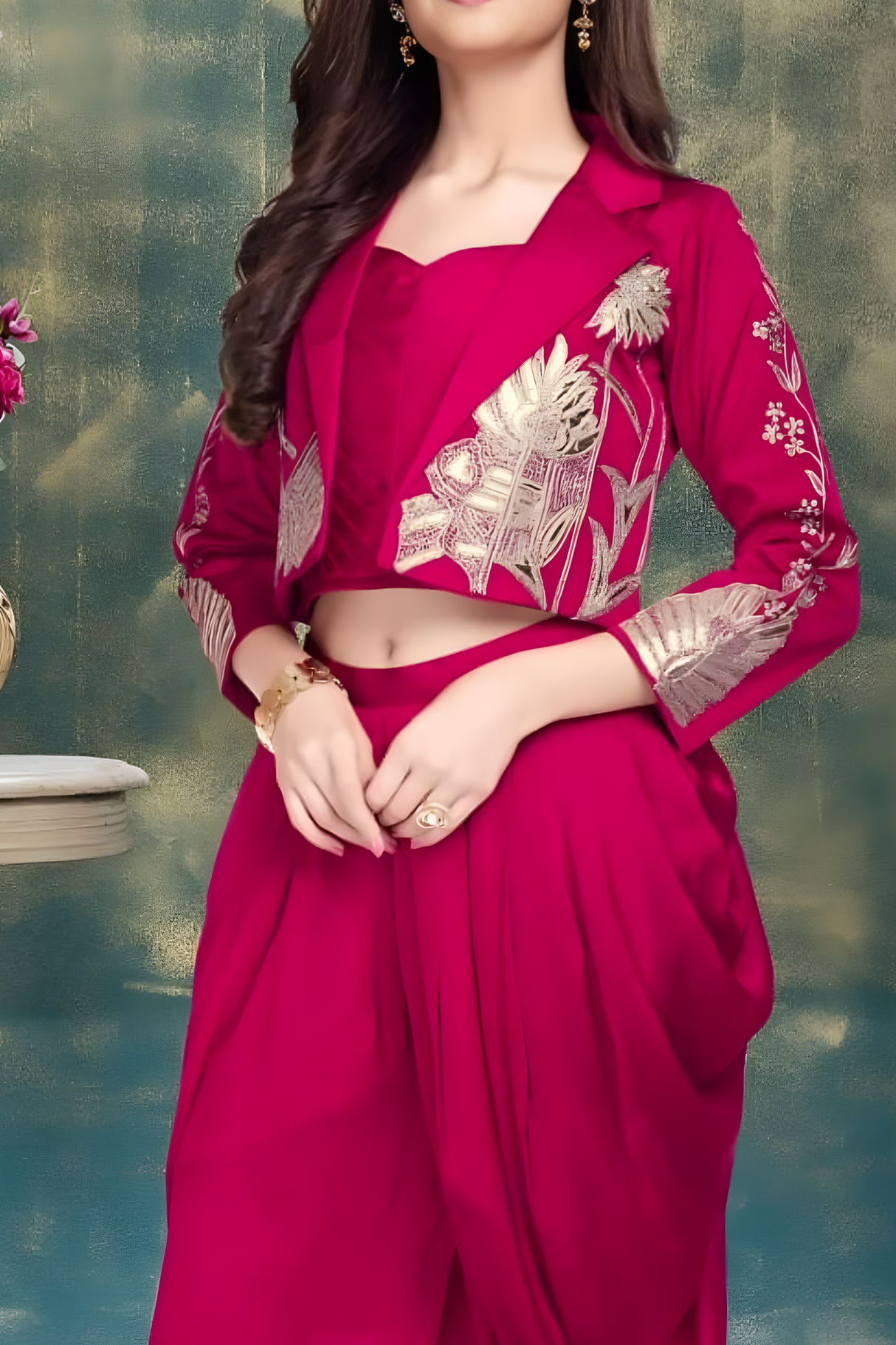 Girls'/Teen Rani Pink Dhoti & Crop Shrug Set