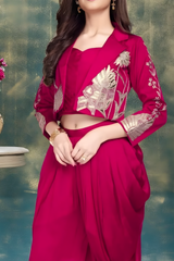 Girls'/Teen Rani Pink Dhoti & Crop Shrug Set