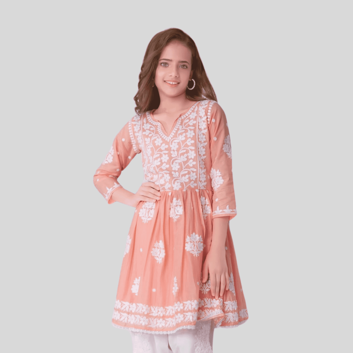 Girls' Peach/Coral Chikankari Embroidered Peplum Kurti and Dhoti Set