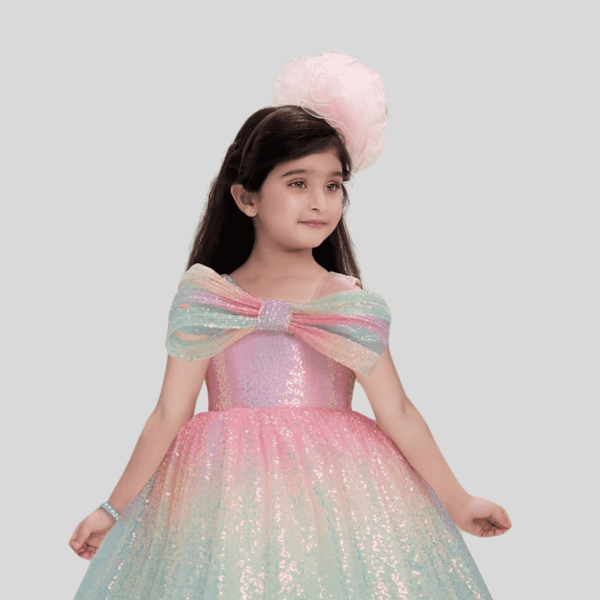 Girls Party Plain Heavy Western Gown - Multi