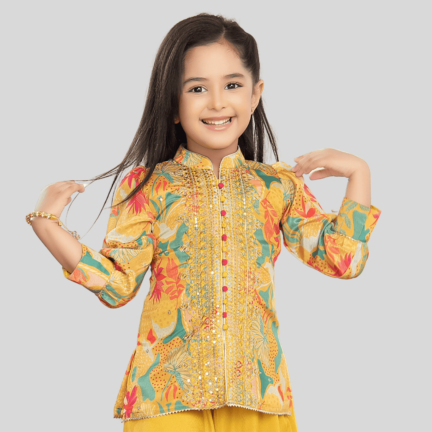 Girls Traditional 3/4th Sleeves Plazo Set - Yellow
