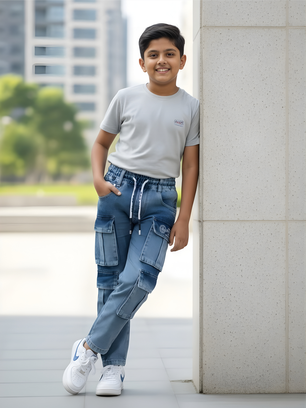 Boys' Light Blue Multi-Pocket Denim Cargo Pants