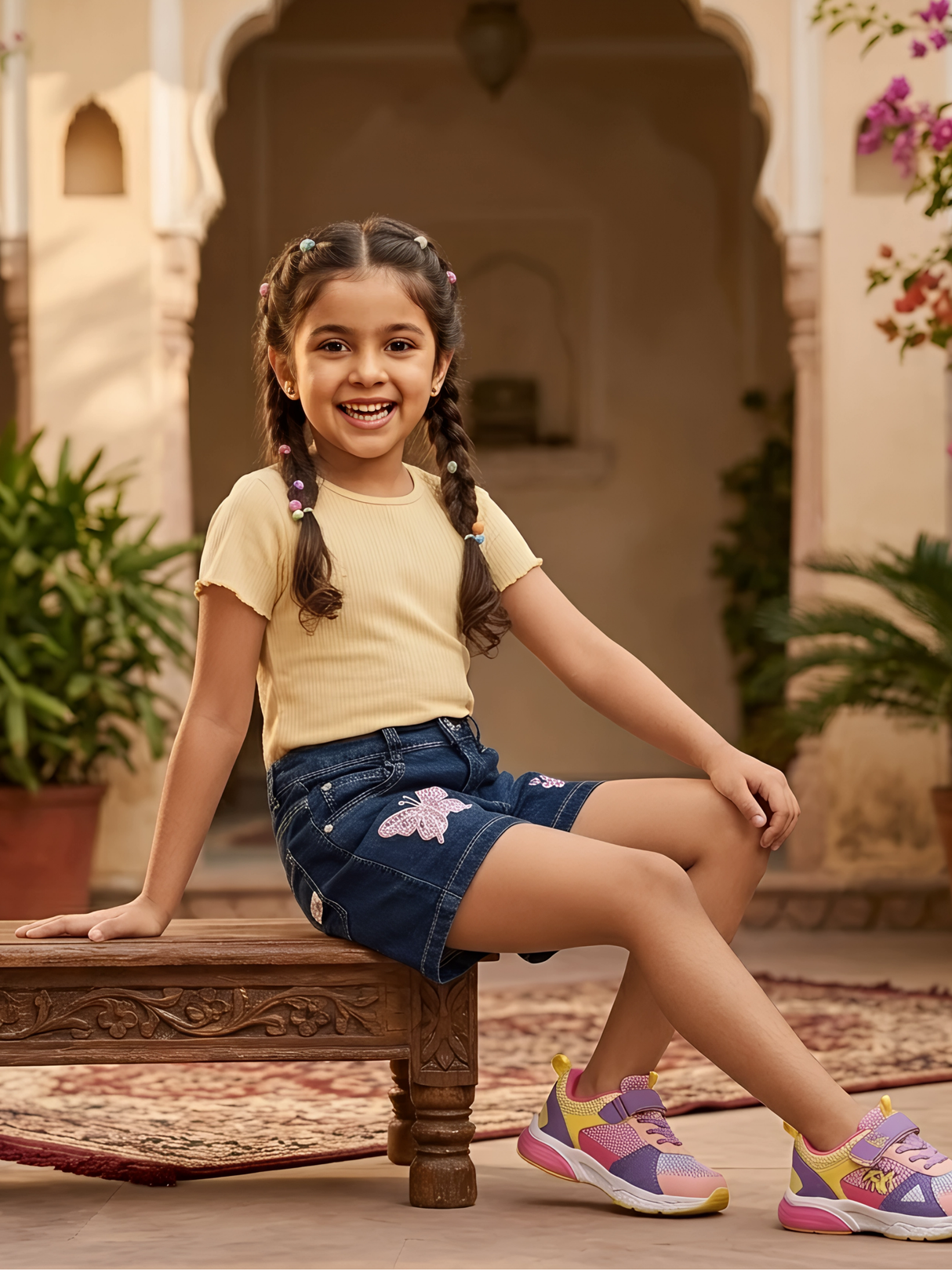 Girls' Blue Butterfly Embellished Denim Shorts