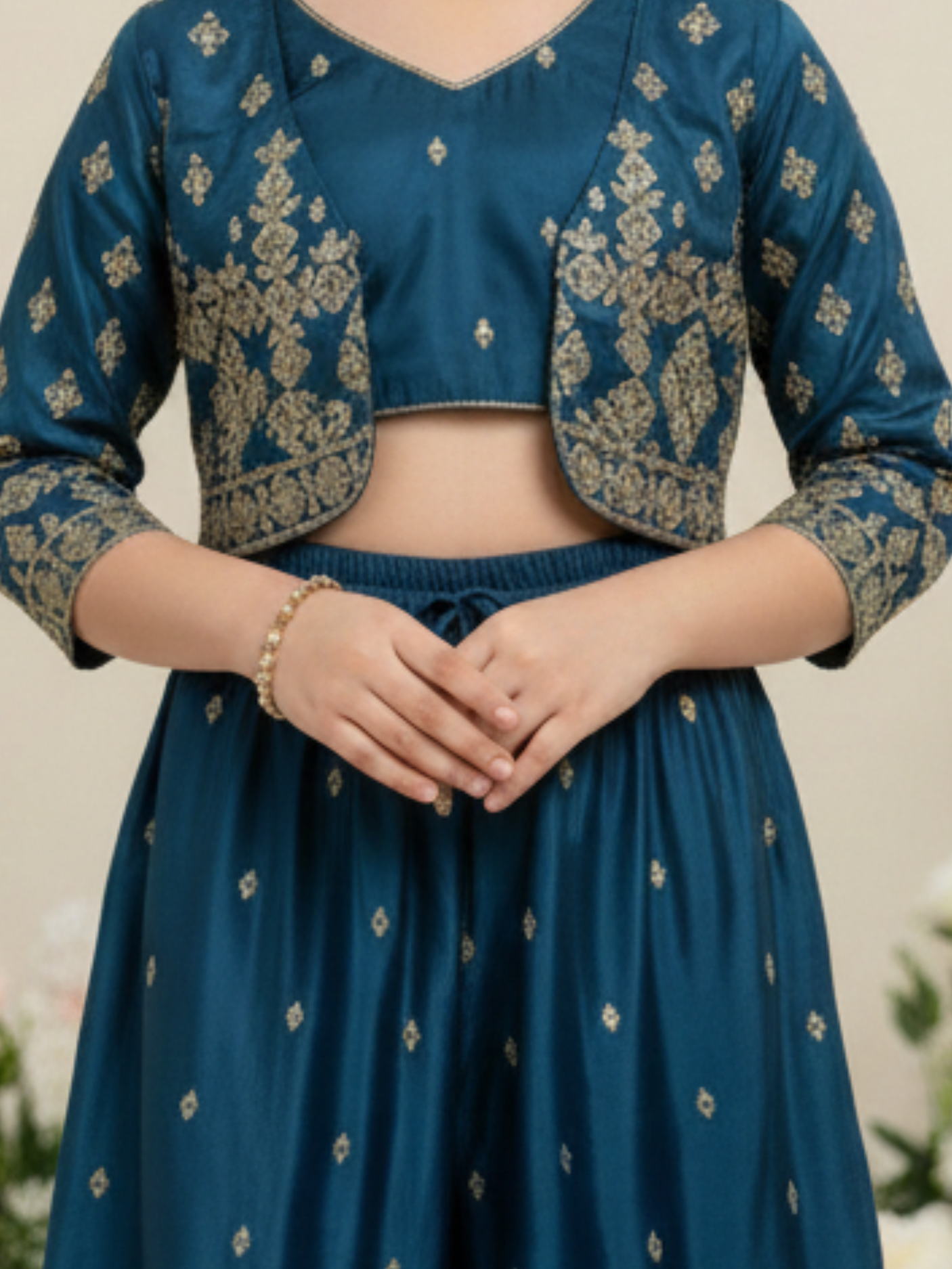 Girls' Deep Teal (Grey) Embroidered Crop Top, Palazzo & Jacket Set