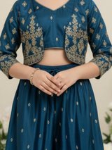 Girls' Deep Teal (Grey) Embroidered Crop Top, Palazzo & Jacket Set