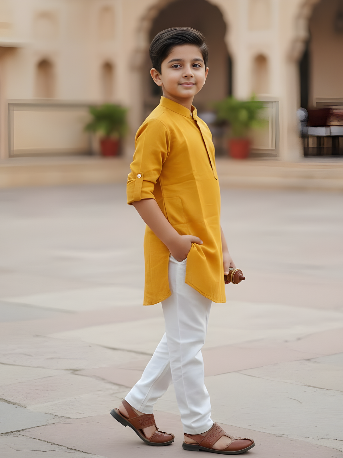 Boys Mustard Yellow Mandarin Collar Cotton Kurta
