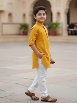 Boys Mustard Yellow Mandarin Collar Cotton Kurta