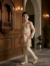 Boys' Cream-Base Full-Sleeve Kurta Set with Large Abstract Floral Print