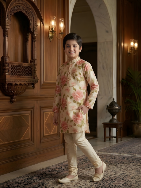 Boys' Cream-Base Full-Sleeve Kurta Set with Large Abstract Floral Print