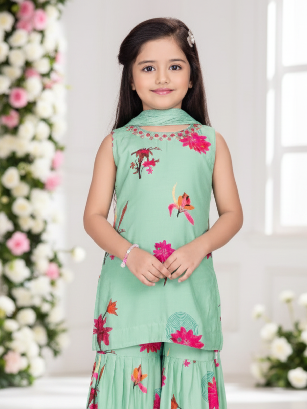 Girls' Stylish Aqua Floral Print Sleeveless Top and Sharara Set.