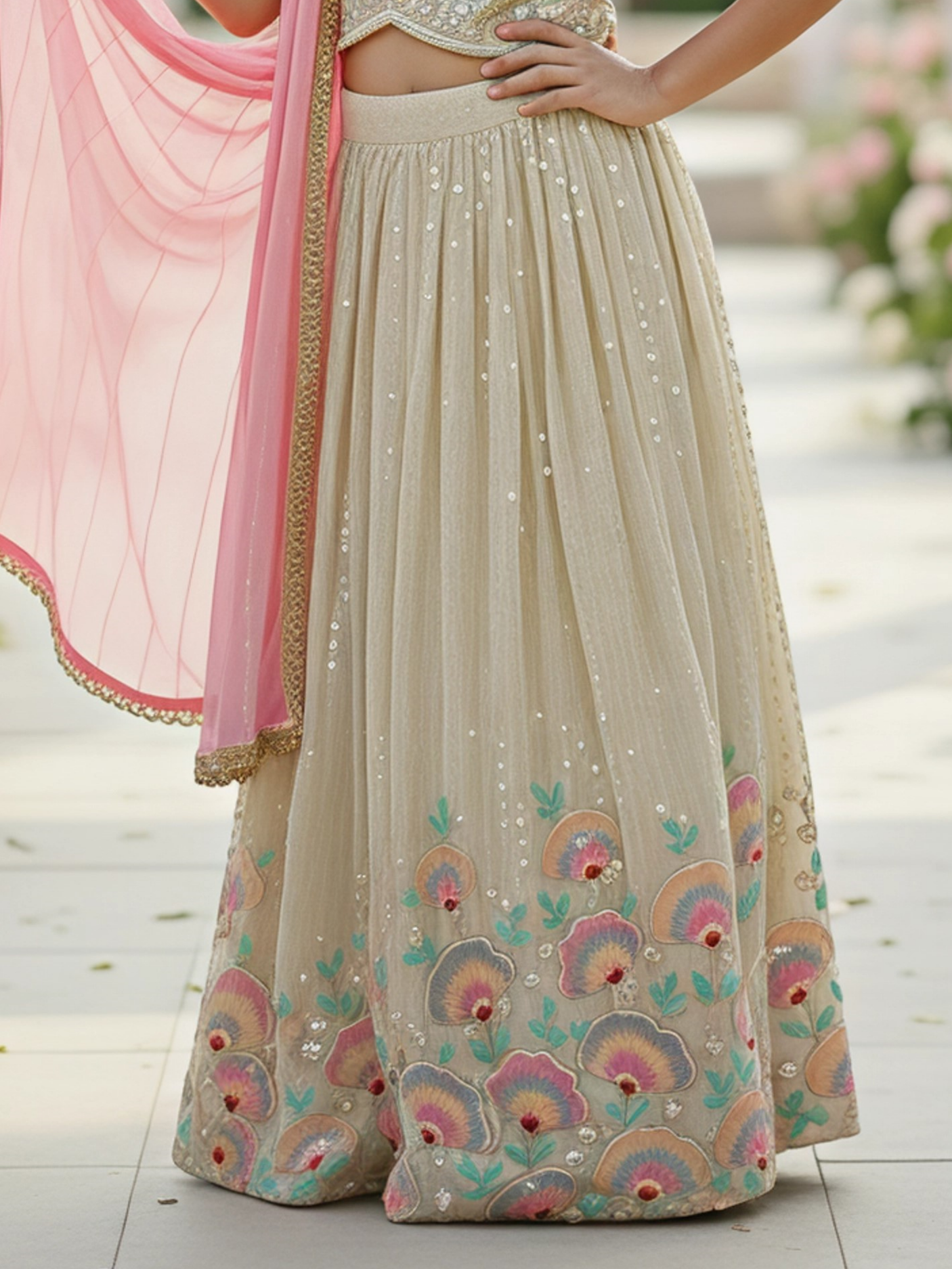 Girls' Elegant Cream Floral Embroidered Choli Set with Pink Dupatta