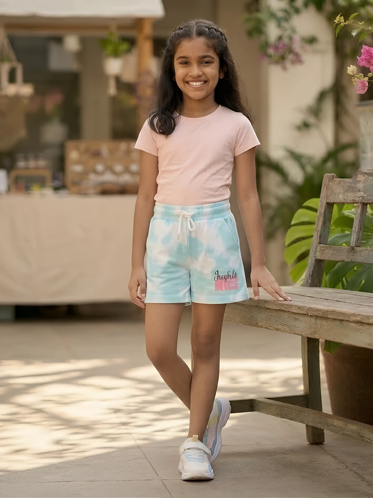 Girls' Light Blue Tie-Dye Drawstring Comfort Shorts