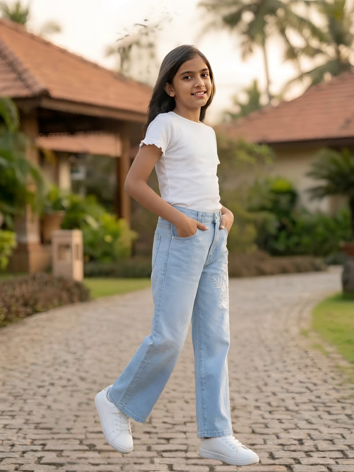 Girls' Light Blue Floral Embroidered Wide-Leg Jeans