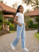 Girls' Light Blue Floral Embroidered Wide-Leg Jeans