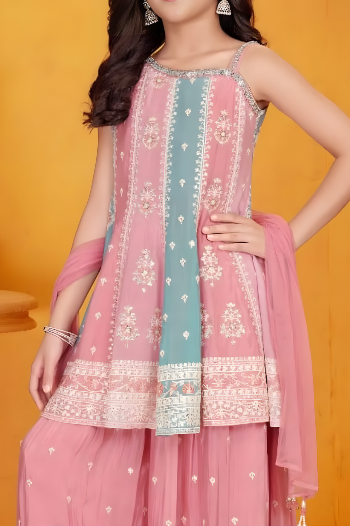 Rosewater Pink & Aqua Embroidered Sharara Set for Girls