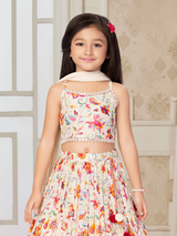 Girls' Cream Floral Print Lehenga Choli Set with Mirror Work & Dupatta