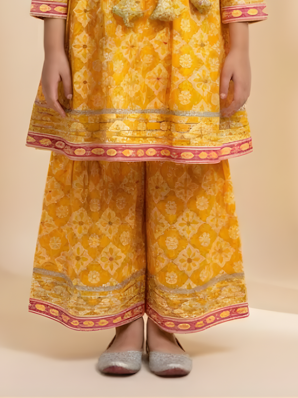 Girls Orange Bandhani Print Sharara Set