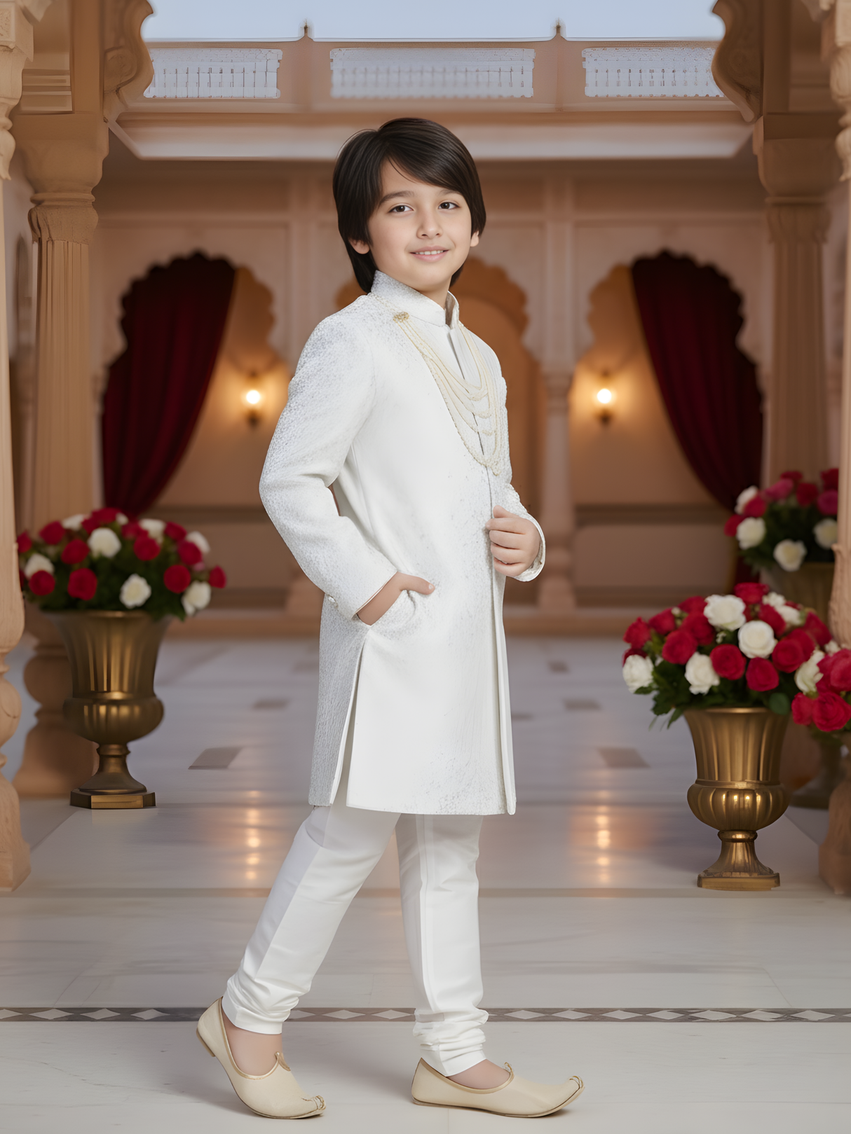 Boys' Ivory White Jacquard Achkan Suit with Churidar