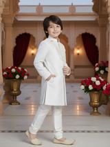 Boys' Ivory White Jacquard Achkan Suit with Churidar