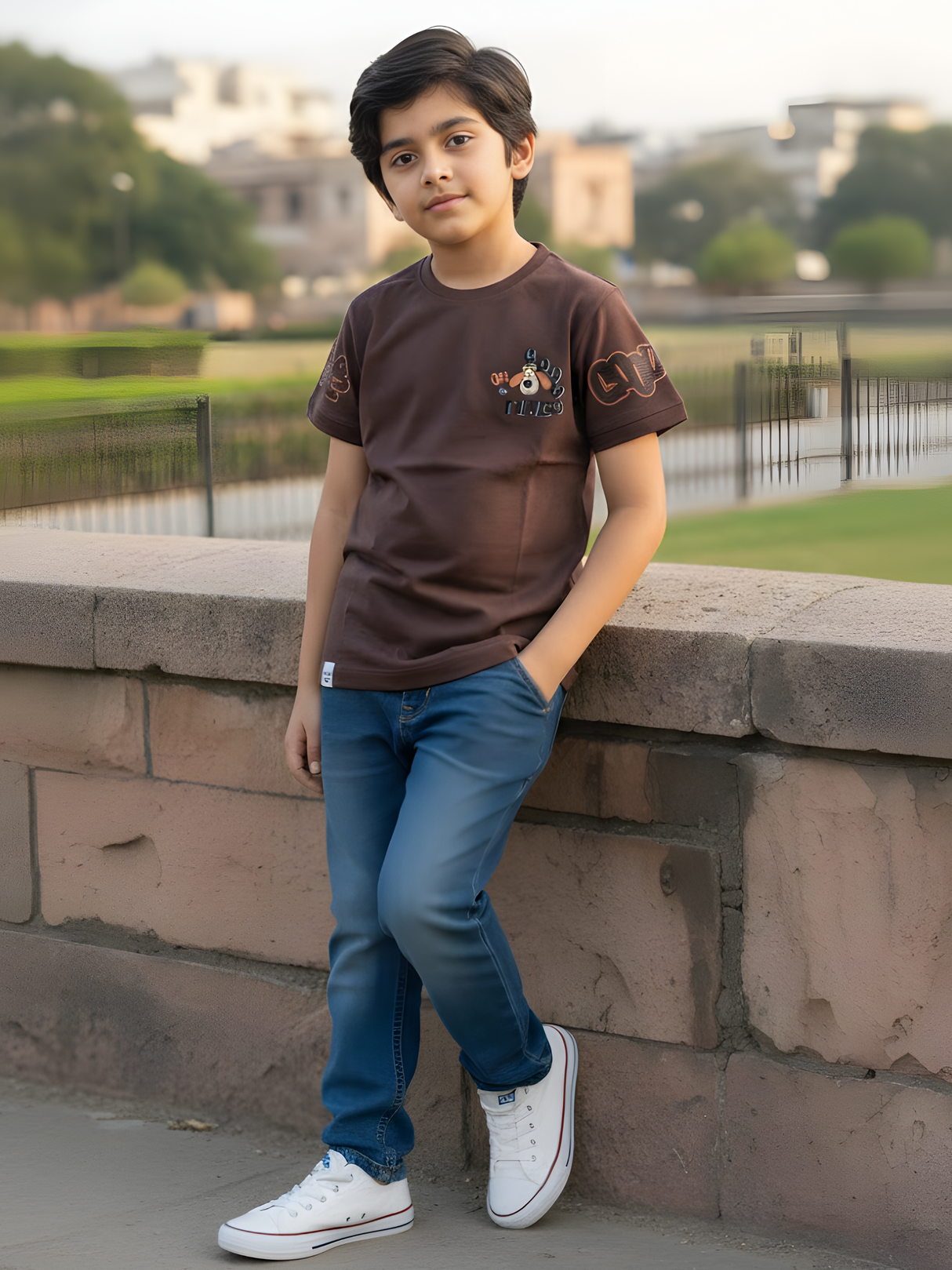 Boys’ Chocolate Brown Graphic Print Cotton T-Shirt