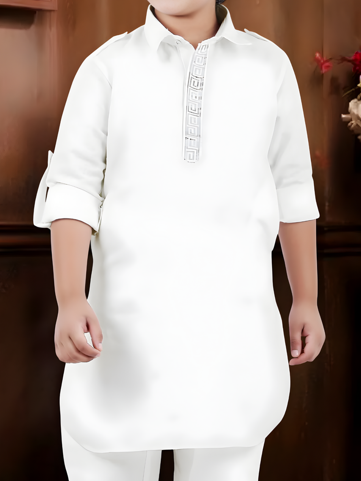 Boys' Elegant White Kurta Pyjama Set with Embroidered Placket