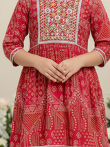 Girls' Festive Red Embroidered Kurti and Tiered Sharara Set