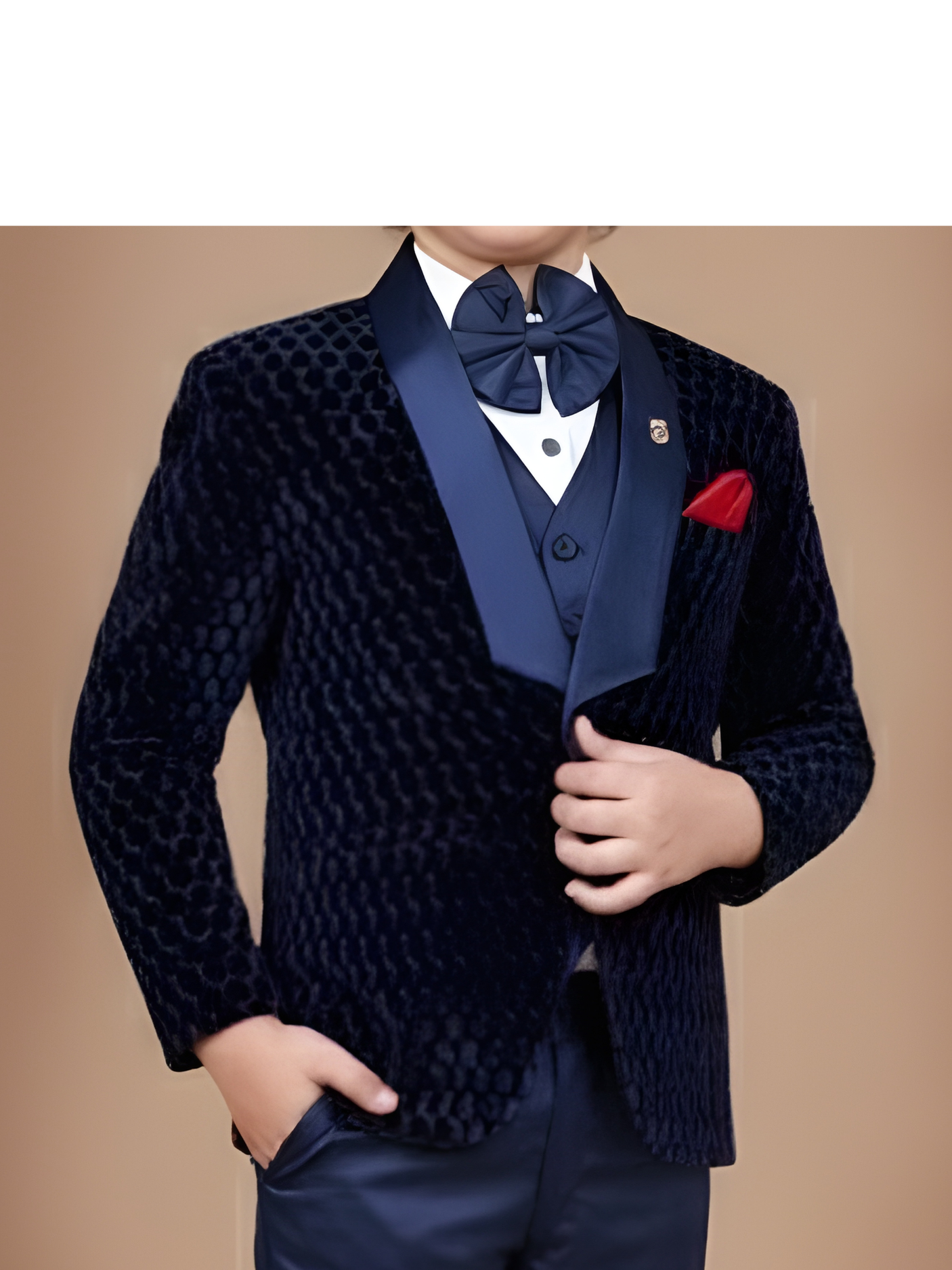 Boys' Navy Blue Textured Velvet Coat Suit with Vest and Bow Tie