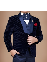 Boys' Navy Blue Textured Velvet Coat Suit with Vest and Bow Tie