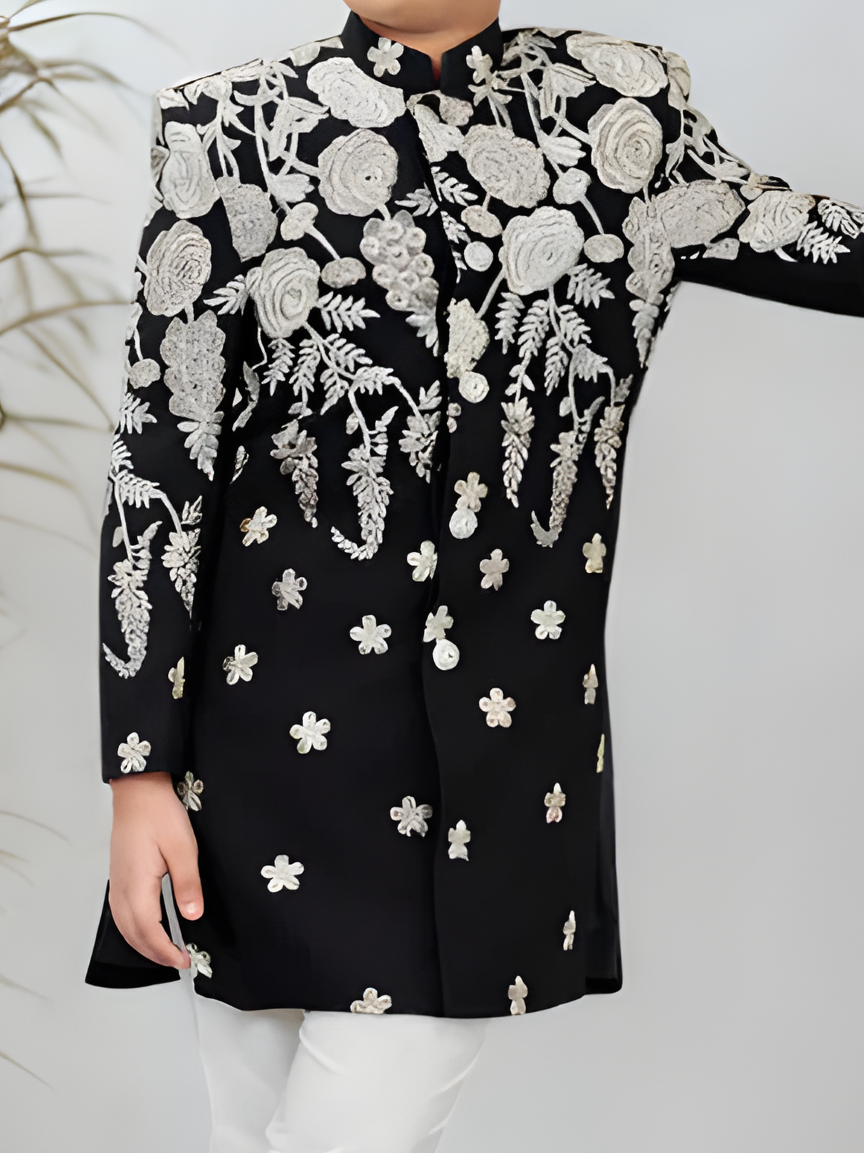 The Midnight Bloom Embroidered Indo-Western Jacket Shervani Set (Black).