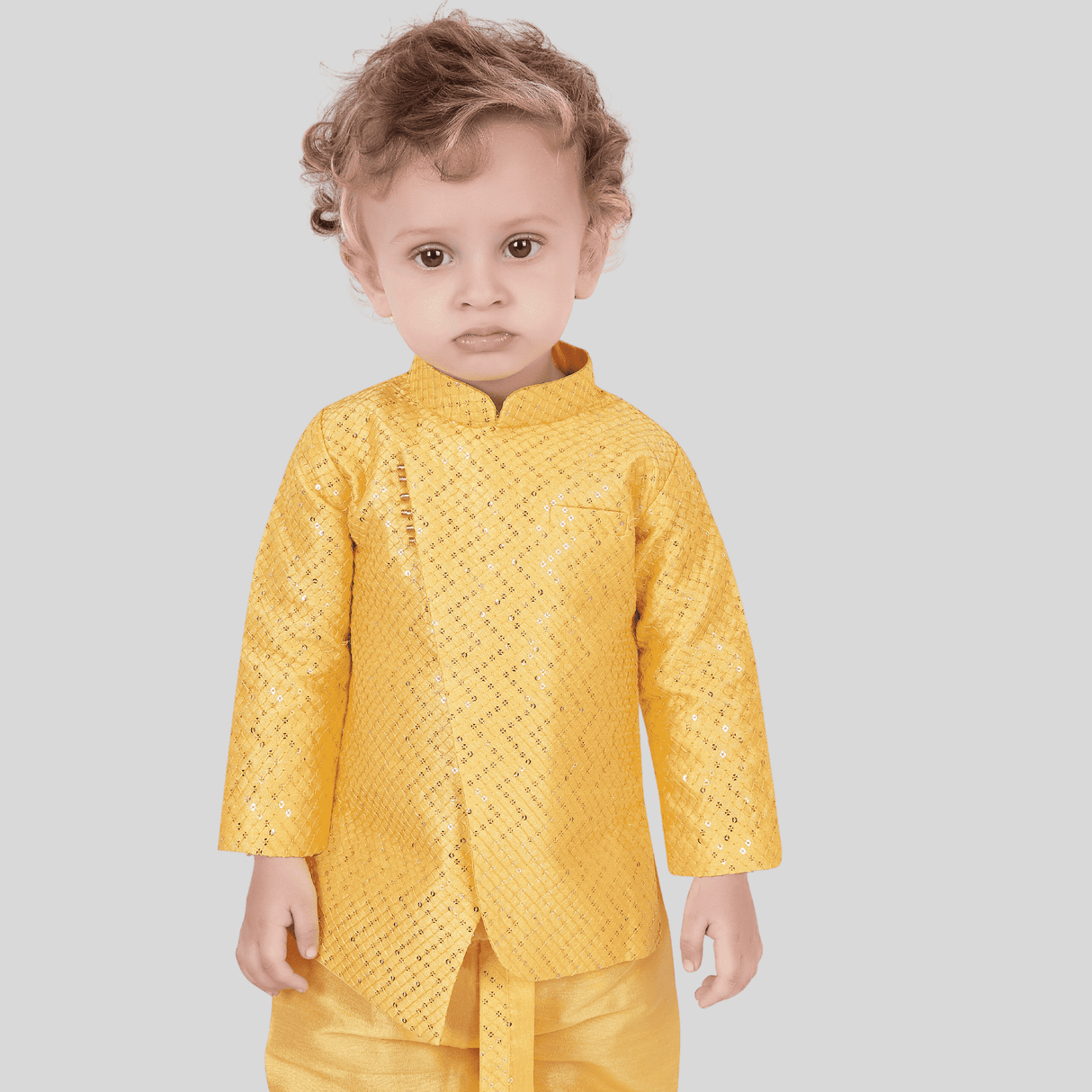 Boys Traditional With Work Kurta Set With Mojdi - Yellow