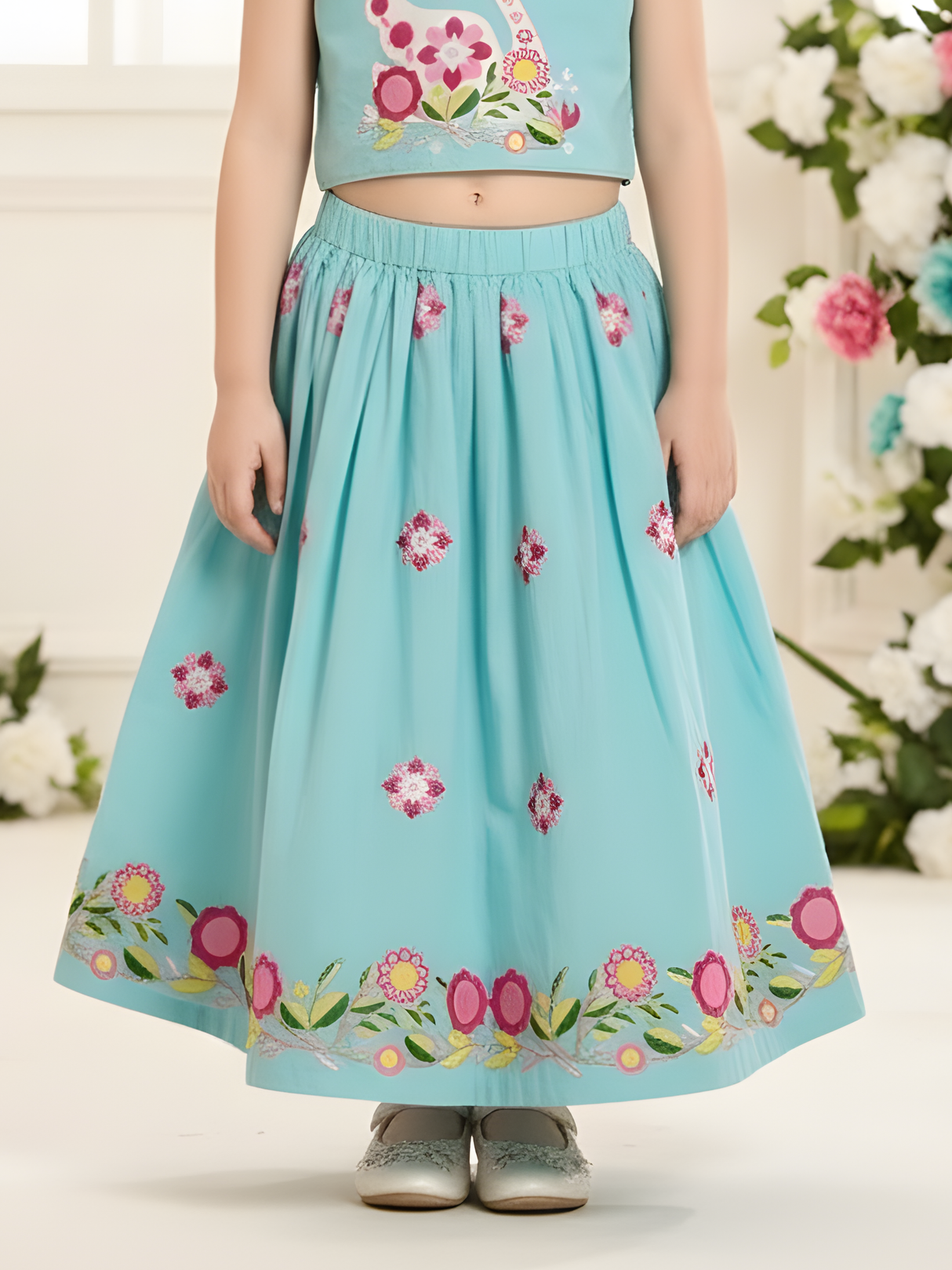 Girls' Radiant Fuschia Pink Floral Lehenga Choli with Choker