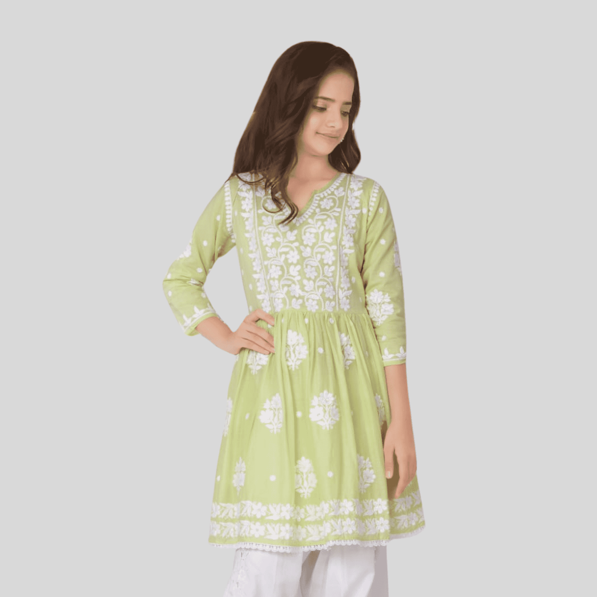 Girls Traditional 3/4th Sleeve Dhoti Set - Green