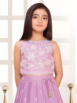 Girls' Lavender Pleated Lehenga Choli with White Thread Embroidery.