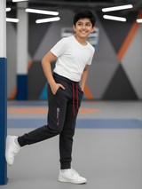 Boys' Dark Grey Fleece Jogger with Red Drawstring.