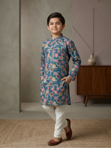 Boys' Teal Blue Floral Print Kurta with Cream Pyjama Set.