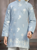 Boys' Navy Blue Bandhgala Jacket Set with Gold Embroidery and Stole