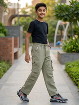 Kids' Utility Cargo Pants - Olive Green Multi-Pocket Drawstring Trousers.
