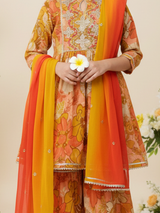 Girls' Festive Yellow & Orange Floral Print Garara Suit Set with Dupatta