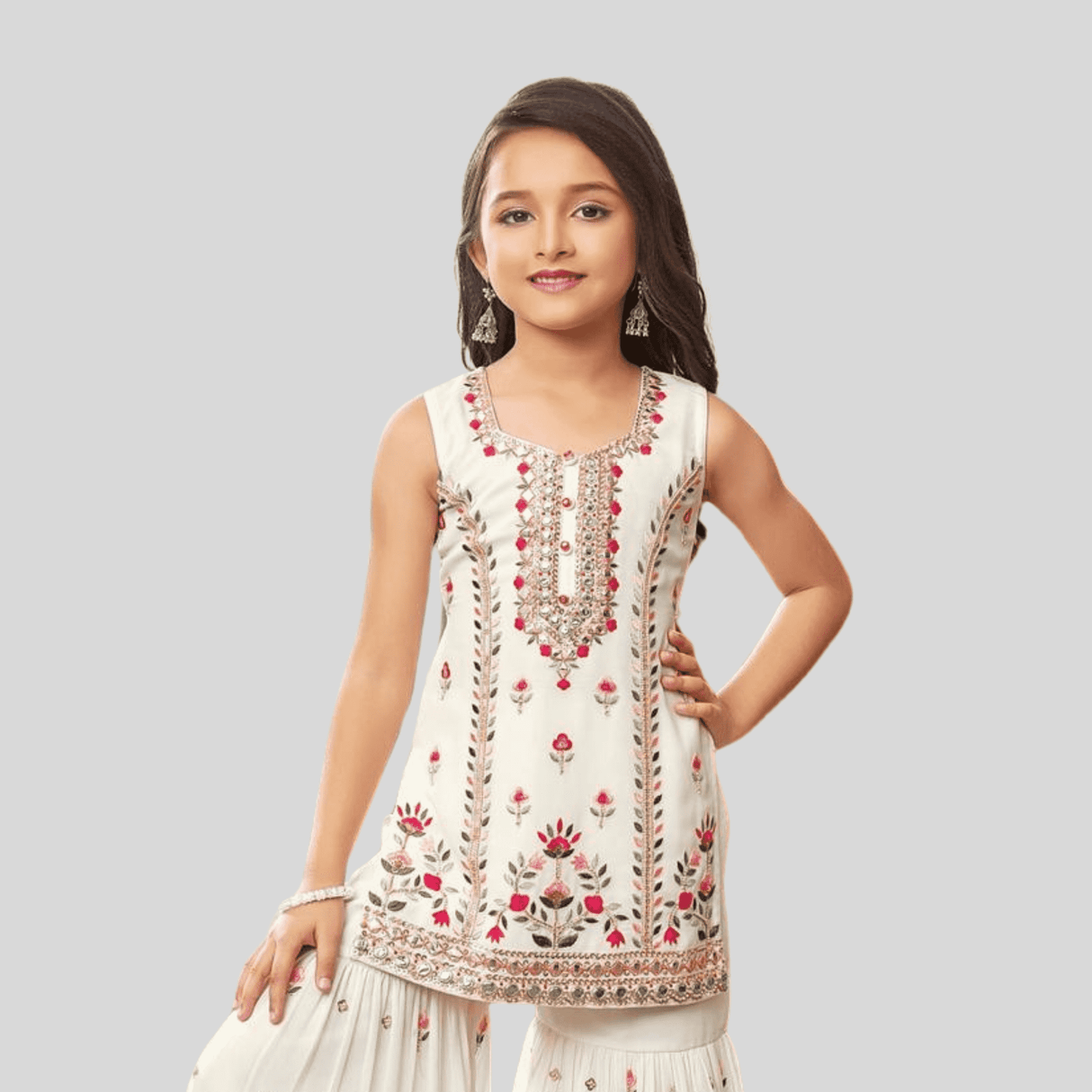 Girls Traditional Sleeves Less Ghagara Set - Cream