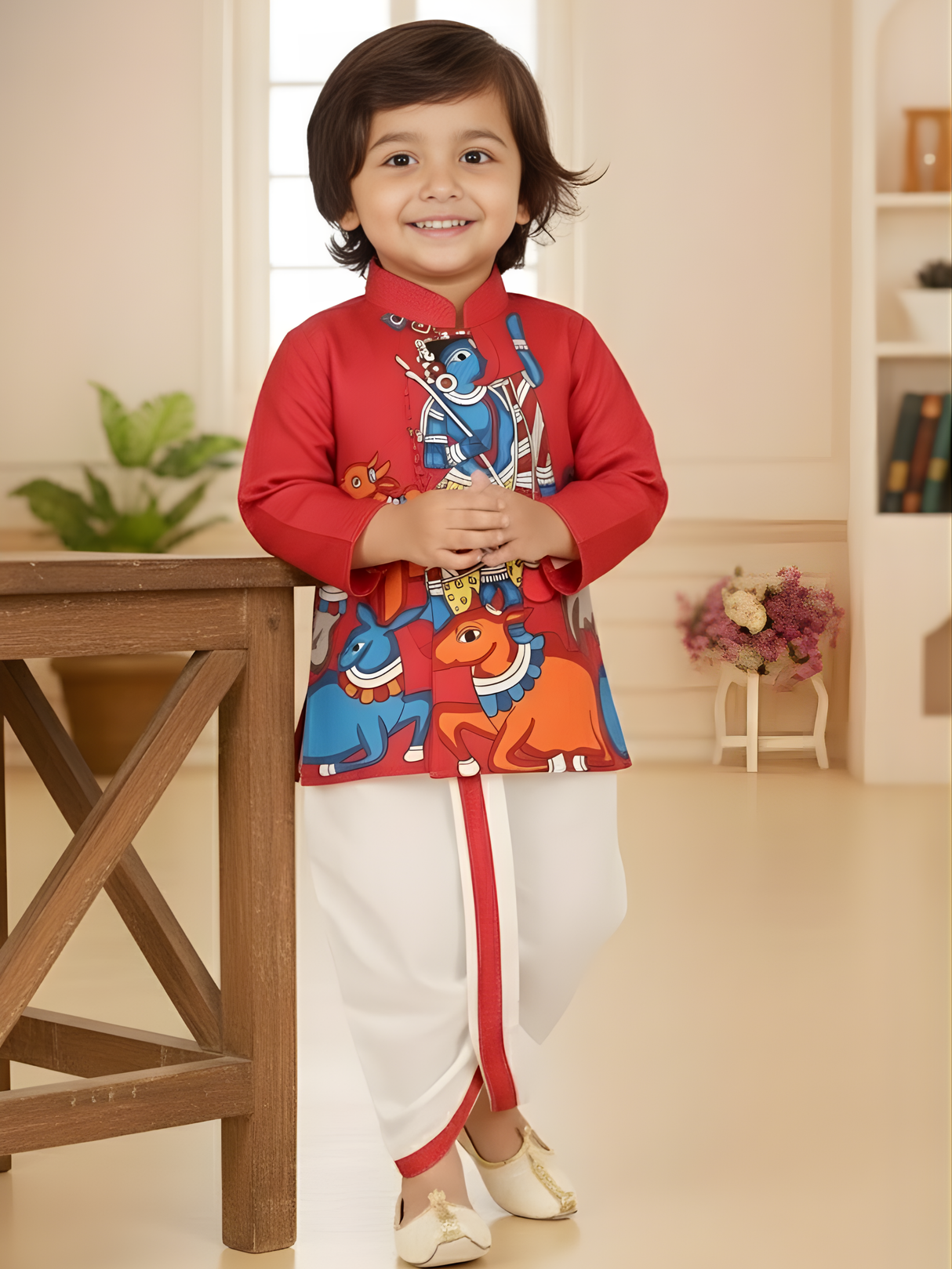Boys Red Krishna Print Kurta Set with Dhoti
