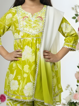 Girls' Lime Green Floral Peplum Kurta & Chevron Gharara Set.
