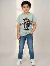 Boys' "Boss Bear" Streetwear Graphic T-Shirt - Light Green
