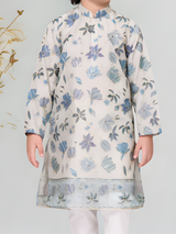 Boys' Cream & Blue Floral Embroidered Kurta Pajama Set.