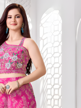 Girls Pink One-Shoulder Crop Top Palazzo Suit with Embroidery